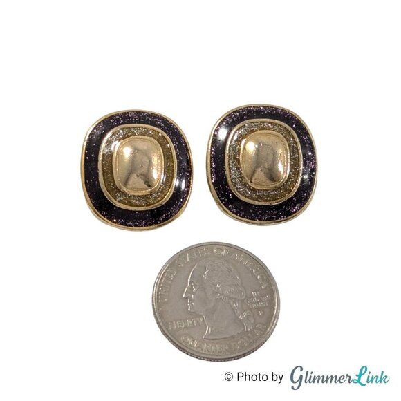 Vintage 80s Dark Purple Glittery Enamel Geometric Gold Tone Clip On Earrings - Picture 5 of 8